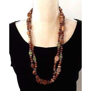 Natural wood tones green bead 58" long necklace rustic